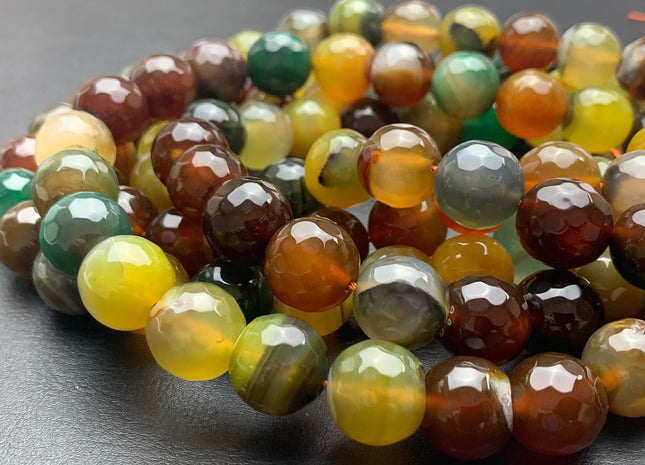 14 mm Faceted Round Fire Agate Gemstone Beads Heat Treated Brown Green Yellow Color 15.5 Inches Strand #2921