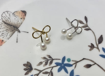 One Pair 925 Sterling Silver/Gold Earring Studs Setting Genuine 925 Silver With Bow Tie Ribbon Design For Half Drilled Pearls #10001