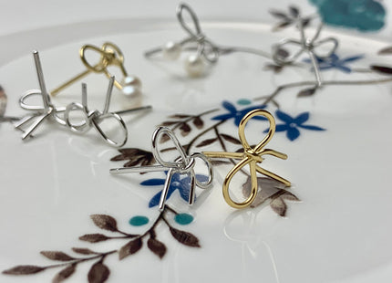 One Pair 925 Sterling Silver/Gold Earring Studs Setting Genuine 925 Silver With Bow Tie Ribbon Design For Half Drilled Pearls #10001