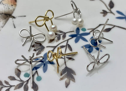 One Pair 925 Sterling Silver/Gold Earring Studs Setting Genuine 925 Silver With Bow Tie Ribbon Design For Half Drilled Pearls #10001
