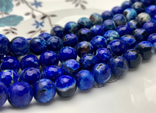 10 mm Faceted Round Fire Agate Gemstone Beads Heat Treated Purple Blue Black Color Natural Gemstone Agate 15.5 Inches Strand #2667