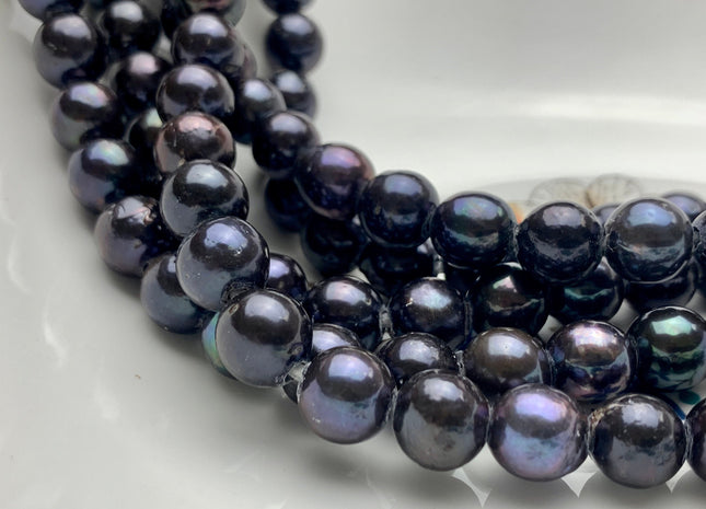 8.5-10 mm AA Large Hole Half Strand Dark Peacock Edison Freshwater Pearls Hole Size 2.1mm Genuine High Luster Black Edison Pearls #1958