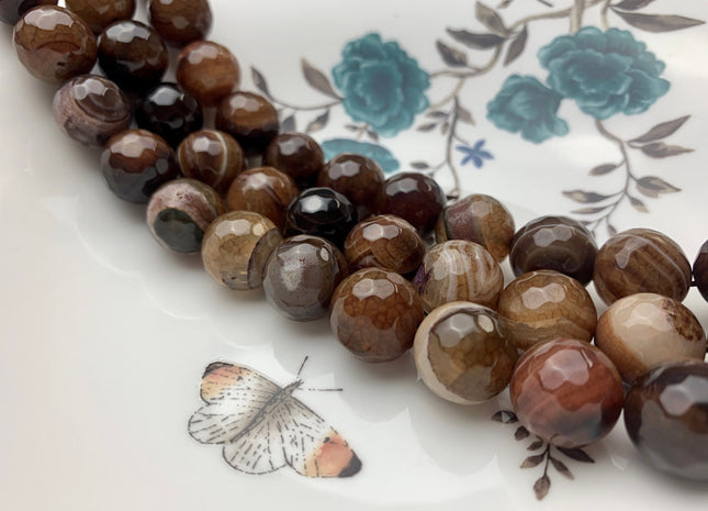 BEST DEAL 12mm 16mm Faceted Round Fire Agate Gemstone Beads Heat Treated Dark Toffee Color Natural Gemstone Agate 15.5 Inches Strand #2680