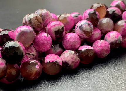 12 mm Faceted Round Fire Agate Gemstone Beads Heat Treated Mixed Hot Pink And Brown Color Natural Agate 15.5 Inches Strand #2695