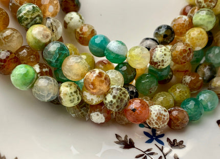 10 mm Faceted Round Fire Agate Gemstone Beads Heat Treated Mixed Green Yellow Brown Color Natural Fire Agate 15.5 Inches Strand #2699