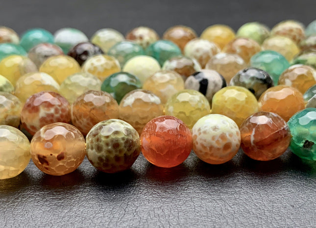 10 mm Faceted Round Fire Agate Gemstone Beads Heat Treated Mixed Green Yellow Brown Color Natural Fire Agate 15.5 Inches Strand #2699