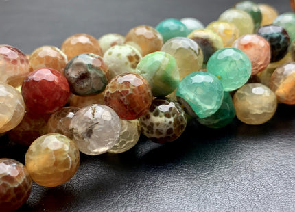 10 mm Faceted Round Fire Agate Gemstone Beads Heat Treated Mixed Green Yellow Brown Color Natural Fire Agate 15.5 Inches Strand #2699