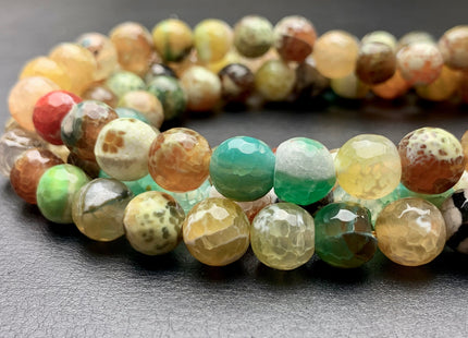 10 mm Faceted Round Fire Agate Gemstone Beads Heat Treated Mixed Green Yellow Brown Color Natural Fire Agate 15.5 Inches Strand #2699