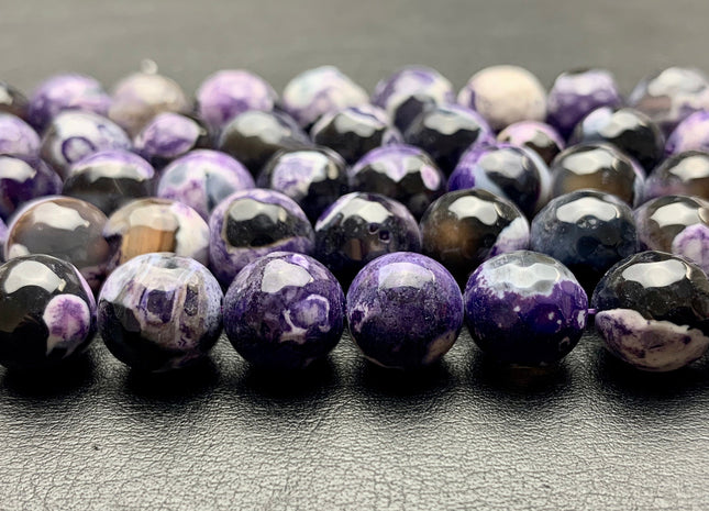 BEST DEAL 10 mm Faceted Round Fire Agate Gemstone Beads Heat Treated Multi Purple Gray White Black Color Agate 15.5 Inches Strand #2700