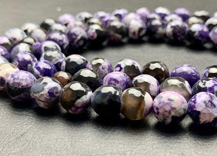 10 mm Faceted Round Fire Agate Gemstone Beads Heat Treated Multi Purple Gray White Black Color Agate 15.5 Inches Strand #2700