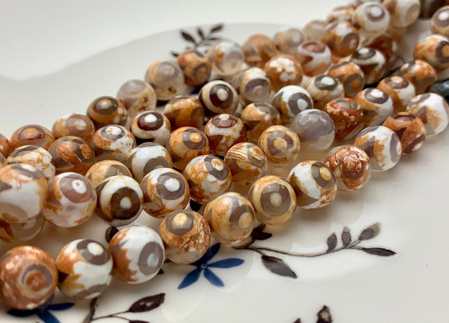 8 mm 10 mm 12 mm AAA DZI Tibetan Agate Faceted Round Orange Brown And White Eye Tibetan Agate Gemstone Loose Beads #2569