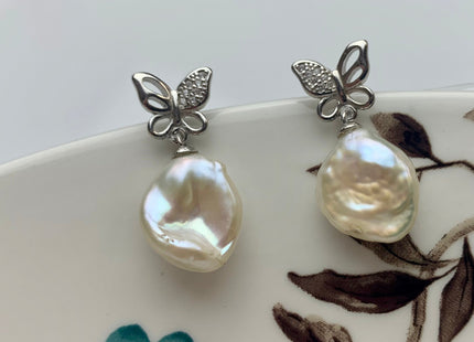 11-12 mm AAA Natural white Keshi Pearl Earring Studs W/925 Sterling Silver