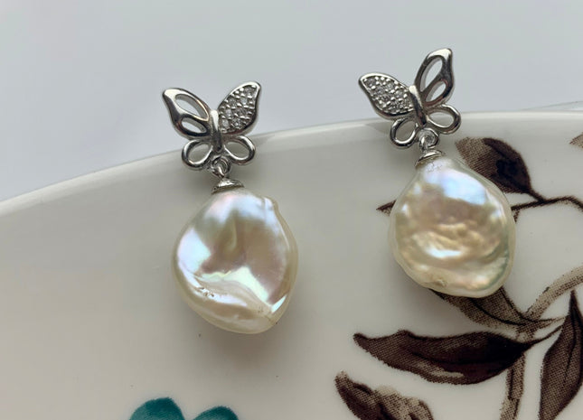 11-12 mm AAA Rare Natural white Keshi Pearl Earring Studs W/925 Sterling Silver High Luster Keshi Pearls Butterfly Bridal Jewelry #10014-A