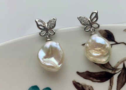 11-12 mm AAA Rare Natural white Keshi Pearl Earring Studs W/925 Sterling Silver High Luster Keshi Pearls Butterfly Bridal Jewelry #10014-A