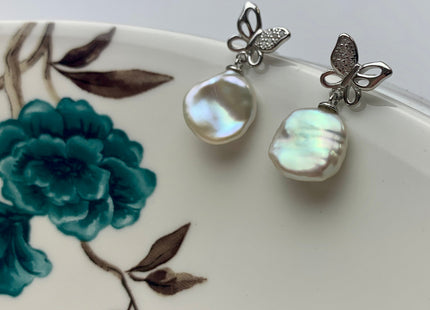 11-12 mm AAA Rare Natural white Keshi Pearl Earring Studs W/925 Sterling Silver High Luster Keshi Pearls Butterfly Bridal Jewelry #10014-A