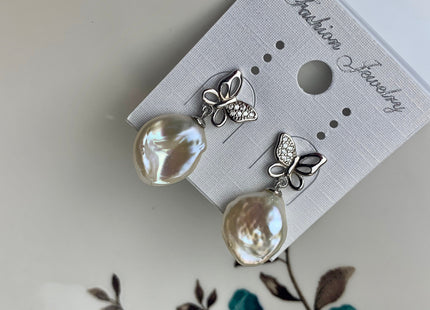 11-12 mm AAA Rare Natural white Keshi Pearl Earring Studs W/925 Sterling Silver High Luster Keshi Pearls Butterfly Bridal Jewelry #10014-A