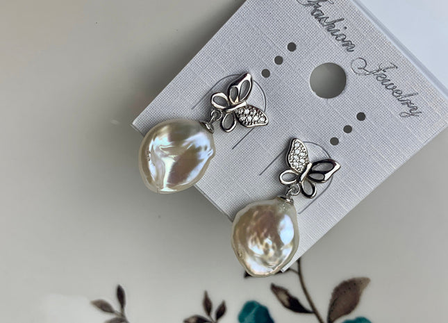 11-12 mm AAA Rare Natural white Keshi Pearl Earring Studs W/925 Sterling Silver High Luster Keshi Pearls Butterfly Bridal Jewelry #10014-A
