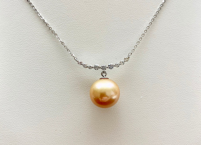 Genuine 12.5 mm AAA Gold Round Edison Pearl With 925 Sterling Silver Chain Smile Curve Design Pearl Necklace Bridal Necklace #10033-B