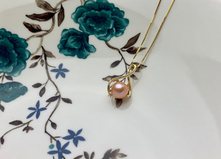 8.5 mm AAA Natural Mauve/Peach Pink Round Freshwater Pearl Pendant W/925 Sterling Silver/Gold Cage Design Genuine Pearl Jewelry #10003