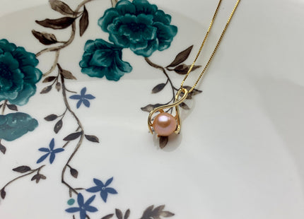 8.5 mm AAA Natural Mauve/Peach Pink Round Freshwater Pearl Pendant W/925 Sterling Silver/Gold Cage Design Genuine Pearl Jewelry #10003