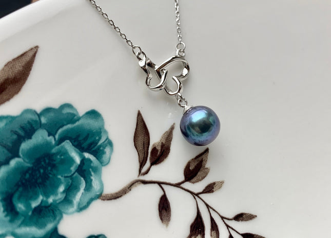 Genuine AAA Peacock Round/Mauve Baroque Freshwater Pearl 925 Sterling Silver Chain Double Heart Design Pearl Bridal Necklace #10341-MPB