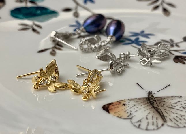 One Pair 925 Sterling Silver/Gold Earring Peg Setting Genuine 925 Sterling Silver Butterfly Studs Findings For Half Drilled Pearls #10005-A