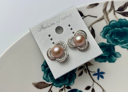 AAAA 8.5 mm Natural Pink Freshwater Round Pearl Earring Studs W/925 Sterling Silver High Luster Pearl Flower Earring Bridal Jewelry #10006-B