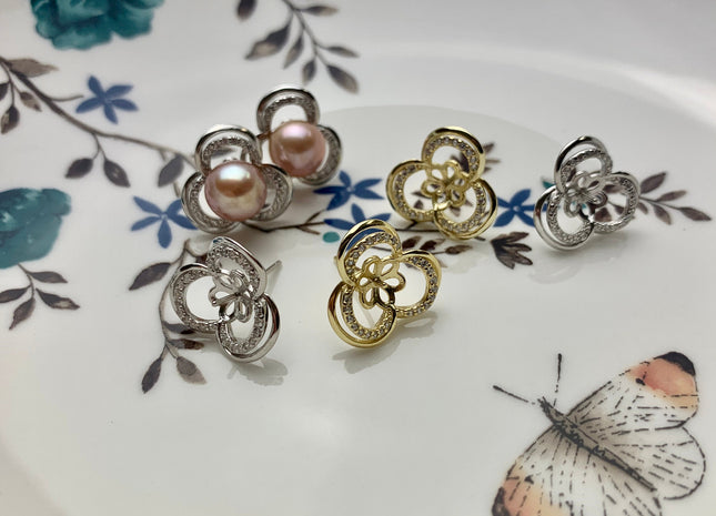 One Pair 925 Sterling Silver/Gold Earring Peg Setting Genuine 925 Sterling Silver Flower Studs Findings For Half Drilled Pearls #10006-A