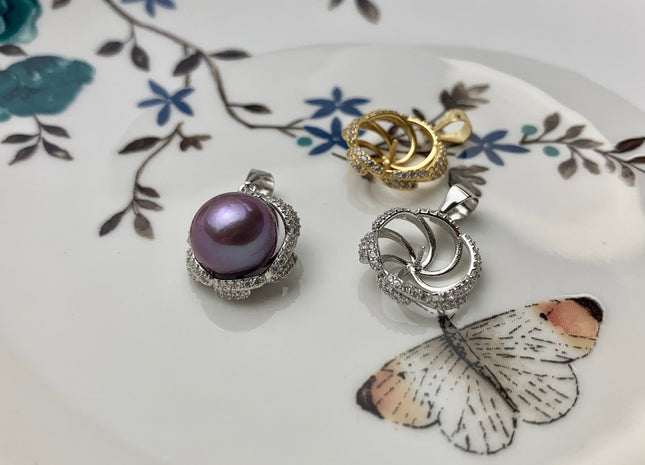 One Piece 925 Sterling Silver/Gold Pendant Setting Findings For Half Drilled Pearl Flower Shape Design W/CZ DIY Jewelry Pendant #10009-A