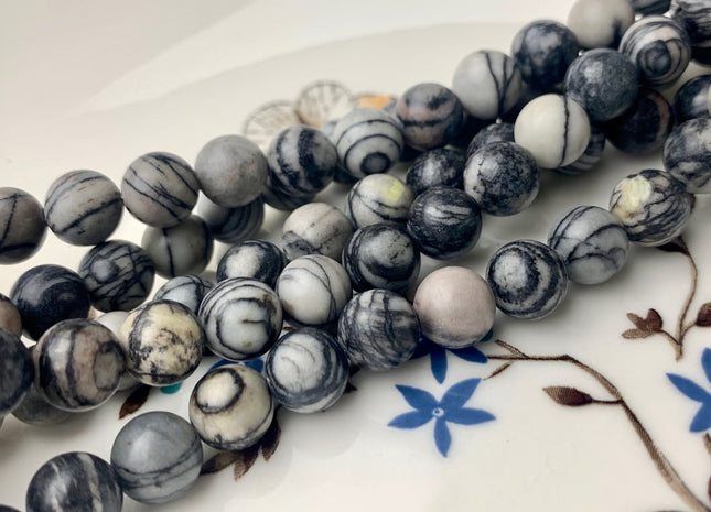 4mm 6mm 8mm 10mm Smooth Round Black Spider Web Jasper Gemstone Beads Black And White Color Jasper Loose Beads 15.5 Inches #2902