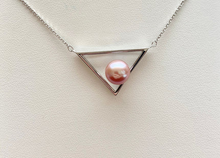 Genuine AAAA 8mm Natural Mauve Pink Round Freshwater Pearl With 925 Sterling Silver Chain Triangle Design Bridal Pearl Necklace #10034-A