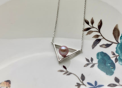 Genuine AAAA 8mm Natural Mauve Pink Round Freshwater Pearl With 925 Sterling Silver Chain Triangle Design Bridal Pearl Necklace #10034-A