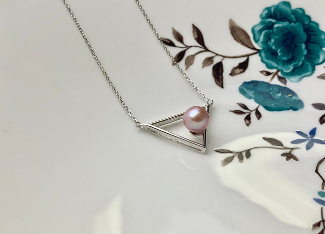 Genuine AAAA 8mm Natural Mauve Pink Round Freshwater Pearl With 925 Sterling Silver Chain Triangle Design Bridal Pearl Necklace #10034-A