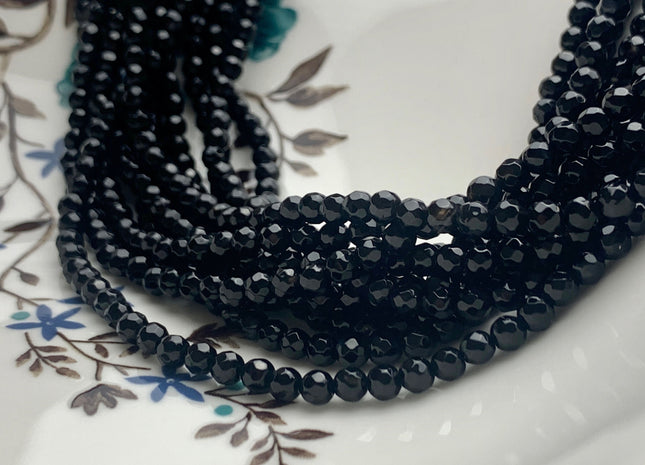 3mm 4mm Faceted Round Black Agate Gemstone Beads 14 Inches Strand #2711