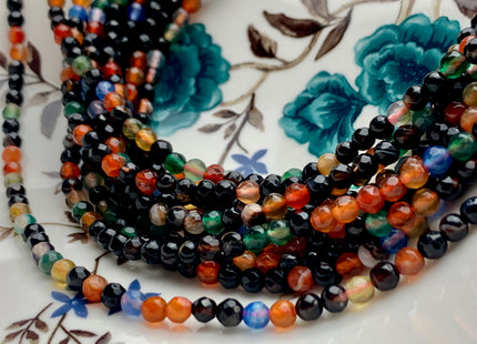 4 mm 6 mm Faceted Round Multi Black Orange Green Agate Gemstone Beads Genuine Agate Gemstone Loose Beads 14 Inches Strand #2741