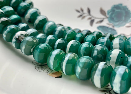 10x13-14 mm DZI Tibetan Agate Large Hole Faceted Drum Shape Pine Green Color Agate Hole Size 2.0 mm 14 Inches Strand 37 Beads #2732