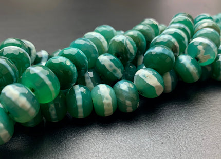 10x13-14 mm DZI Tibetan Agate Large Hole Faceted Drum Shape Pine Green Color Agate Hole Size 2.0 mm 14 Inches Strand 37 Beads #2732