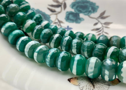 10x13-14 mm DZI Tibetan Agate Large Hole Faceted Drum Shape Pine Green Color Agate Hole Size 2.0 mm 14 Inches Strand 37 Beads #2732