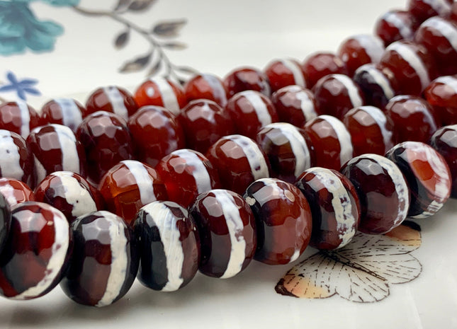 10x13-14 mm DZI Tibetan Agate Large Hole Faceted Drum Shape Cinnamon Brown Color Agate Hole Size 2.0 mm 14 Inches Strand 37 Beads #2733