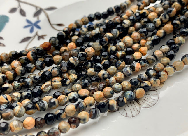 4 mm Faceted Round Yellow Black Agate Gemstone Beads Genuine Agate Gemstone Loose Beads 14 Inches Strand #2744