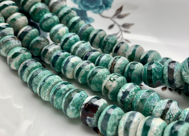 10x13-14 mm DZI Tibetan Agate Large Hole Faceted Drum Shape Mixed Sage Geen Color Agate Hole Size 2.0 mm 14 Inches Strand 37 Beads #2735