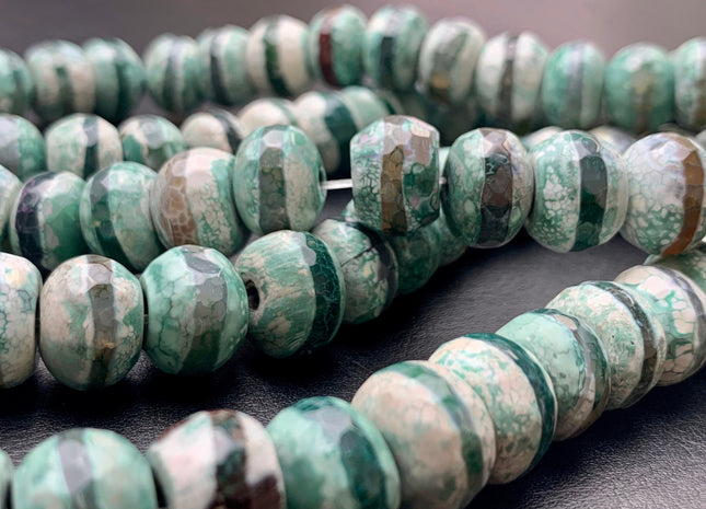 10x13-14 mm DZI Tibetan Agate Large Hole Faceted Drum Shape Mixed Sage Geen Color Agate Hole Size 2.0 mm 14 Inches Strand 37 Beads #2735