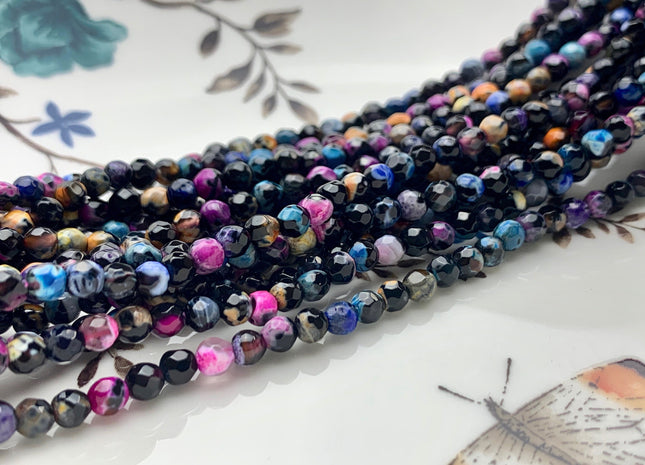4 mm Faceted Round Multi Black Pink Blue Yellow Agate Gemstone Beads Genuine Agate Gemstone Loose Beads 14 Inches Strand #2753