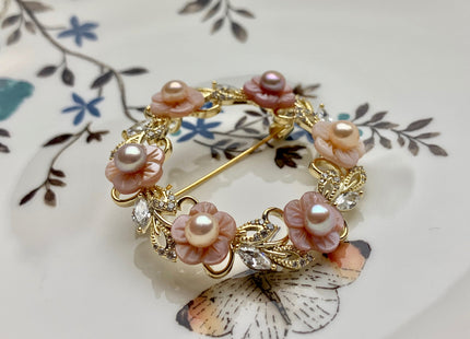 Genuine AAA Natural Freshwater Pearl Brooch Gold Color Floral Design Pendant With Carved MOP Flowers And Crystal Pearl Settings #10040