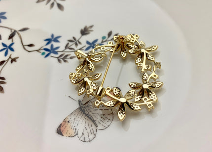 Genuine AAA Natural Freshwater Pearl Brooch Gold Color Flower Design Pendant With Carved MOP Flowers And Crystal Settings #10041