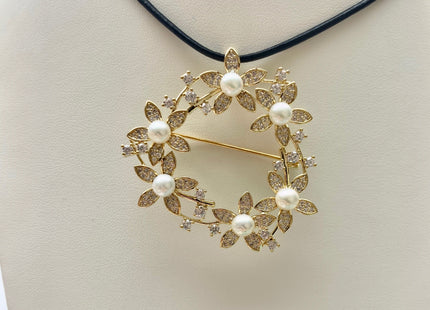 Genuine AAA Natural Freshwater Pearl Brooch Gold Color Flower Design Pendant With Carved MOP Flowers And Crystal Settings #10041