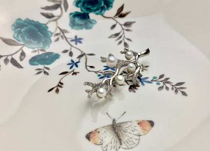 Genuine AAA Natural Freshwater Pearl Brooch Silver Color Tree Shape Design Pendant With Carved MOP Flowers And Crystal Pearl Settings #10043