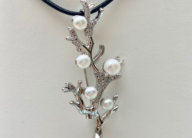 Genuine AAA Natural Freshwater Pearl Brooch Silver Color Tree Shape Design Pendant With Carved MOP Flowers And Crystal Pearl Settings #10043