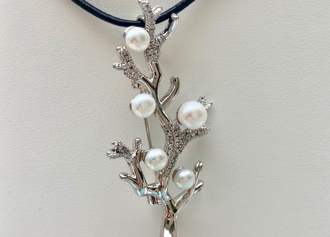 Genuine AAA Natural Freshwater Pearl Brooch Silver Color Tree Shape Design Pendant With Carved MOP Flowers And Crystal Pearl Settings #10043