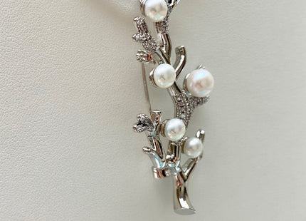 Genuine AAA Natural Freshwater Pearl Brooch Silver Color Tree Shape Design Pendant With Carved MOP Flowers And Crystal Pearl Settings #10043